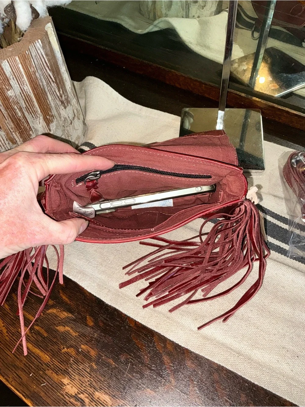 NWT Bed Stu Fringe Leather Hidden Crossbody Bag Handbag Cherry Lacquer MSRP $249 - Picture 12 of 14